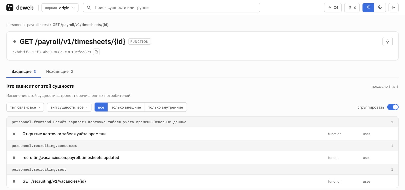 Карточка функции GET /payroll/v1/timesheets/{id}: три входящие связи из экрана фронтенда и двух групп сервиса recruiting